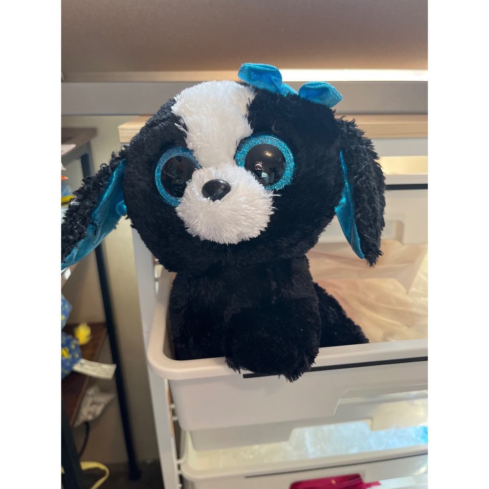 Ty Beanie Boos Tracey the Dog Black White Blue Glitter Eyes Plush Stuffed Animal